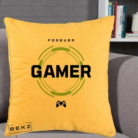 Perna Personalizata Forever Gamer, 40x40 cm, Galben, Husa Detasabila, Perna Inclusa, BEKZ®