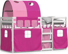 vidaXL Pat supraetajat cu perdele, roz, 75x190 cm, lemn masiv pin
