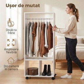HOMCOM Cuier cu Bară din Aluminiu și 2 Rafturi Deschise, 60x40x128 cm, Alb | Aosom Romania
