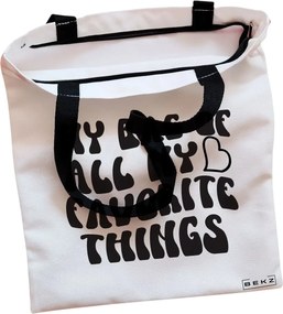 Sacosa de Panza pentru Cumparaturi, Geanta Tote, model My bag of all my favorite things, Cu fermoar, 38x34.5 cm, Alba, BEKZ®