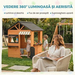 AIYAPLAY Căsuță de Grădină pentru Copii din Lemn de Brad, Căsuță pentru Exterior cu Bucătărie, 4 Ferestre, Ușă Parțială, Bancă, Raft și Acoperiș, pentru Copii 3-8 Ani, 171.5x146x156 cm, Maro | Aosom Romania