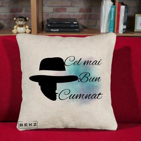 Cadou pentru Cumnat - Perna Personalizata Cel mai Bun Cumnat cu Silueta Palarie si Pete Teal-Roz, 40x40 cm, Bej Canapea, Husa Detasabila, Perna Inclusa, BEKZ®