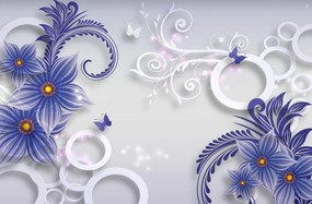 Fototapet 3D, Flori violet cu cercuri albe pe un fundal alb Art.05335