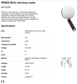 Aplica cu reader LED stil modern minimalist PRESS White