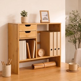 HOMCOM Organizator de Birou cu 2 Sertare și Rafturi pentru Documente, Bambus, 48x19,5x 46 cm, Culoare Lemn | Aosom Romania