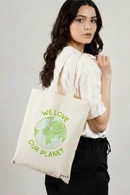 Sacosa de Panza pentru Cumparaturi, Geanta Tote, model We Love Our Planet, 38x34.5 cm, Alba, BEKZ®
