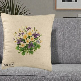 Perna Decorativa Viorele Iris Violet si Trifoi, 40x40 cm, Bej, Husa Detasabila, Perna Inclusa, BEKZ®