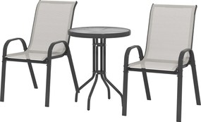 Outsunny Set de grădină 3 piese cu masă rotundă cu blat din sticlă și scaune suprapuse pentru exterior Gri deschis | Aosom Romania