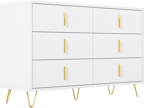 Bufet cu 6 sertare, mânere și picioare aurii, textură ondulată, 120x40x77 cm, Alb+Aurii