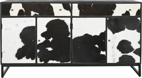 Bufet negru, stil etnic, din lemn de mango și metal, cu 4 uși și 2 sertare din piele de vacă cu păr, 90 x 172 x 45 cm, „Vachette”