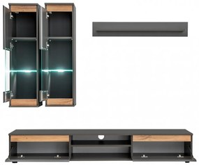 Mobilier Living-sufragerie  camera de zi , gri inchis antracit stejar artisan  , 175 cm lungime, usi deschidere fara manere, vitrina iluminata led