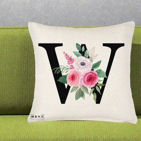 Cadou Personalizat - Perna Personalizata Monograma Florala Litera W cu Trandafiri si Anemona, 40x40 cm, Crem Reliefat, Husa Detasabila, Perna Inclusa, BEKZ®