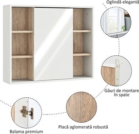 HOMCOM Dulap cu Oglinda din MDF si PAL, Dulap de Baie cu 3 Rafturi Laterale si Raft Interior Reglabil, 60x14.5x49.4 cm, Alb si Lemn Natur | Aosom RO