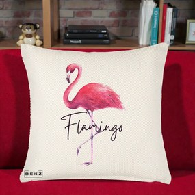 Perna Decorativa Flamingo Acuarela, 40x40 cm, Crem Reliefat, Husa Detasabila, Perna Inclusa, BEKZ®