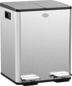HOMCOM Coș de Gunoi cu 2 Compartimente de 20L cu Pedală, Coș de Gunoi cu 2 Capace Silențioase, 45,8x36x51,6 cm, Argintiu | Aosom Romania