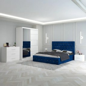 Set Mobila De Dormitor Eric Albastru+Comoda, pat tapitat 160x200cm,  dulap cu oglinda 150x210cm, noptiere