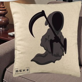 Perna Decorativa Moartea cu Coasa Grim Reaper Halloween, 40x40 cm, Bej, Husa Detasabila, Perna Inclusa, BEKZ®