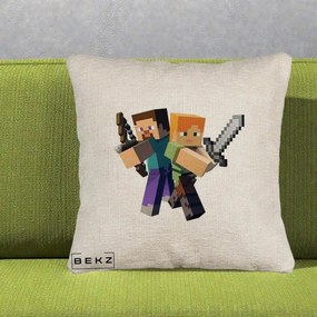 Perna Personalizata Minecraft Steve si Alex, 40x40 cm, Bej Canapea, Husa Detasabila, Perna Inclusa, BEKZ®