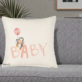 Perna Personalizata Baby Pinguin Roz, 40x40 cm, Crem Reliefat, Husa Detasabila, Perna Inclusa, BEKZ®