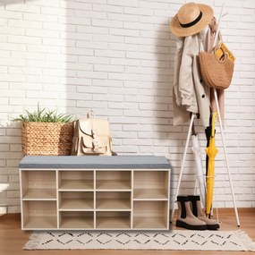 Pantofar cu bancă tapițată GABI, 10 compartimente, 104x30x48cm, gri/maro deschis Jurhan