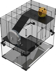 PawHut Cușcă pentru Hamsteri, Gerbili și Animale Mici din Fir de Otel și Sticlă cu Rotiță, 60x40x57 cm, Negru | Aosom Romania