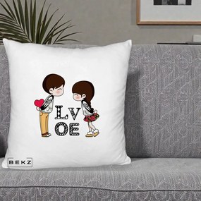 Cadou Romantic - Perna Personalizata Cuplu Kawaii LOVE, 40x40 cm, Alb Pufos, Husa Detasabila, Perna Inclusa, BEKZ®