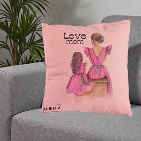 Cadou pentru Mama - Perna Personalizata Love Mom Rochii Roz, 40x40 cm, Roz, Husa Detasabila, Perna Inclusa, BEKZ®