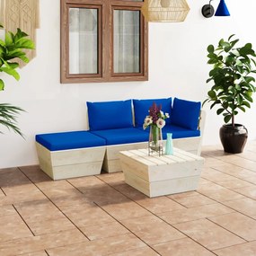 Set mobilier gradina din paleti cu perne, 4 piese, lemn molid Albastru, colt + mijloc + suport pentru picioare + masa, 1