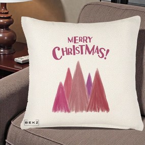 Perna Decorativa Merry Christmas Brazi Roz, 40x40 cm, Crem Reliefat, Husa Detasabila, Perna Inclusa, BEKZ®