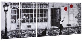 HOMCOM Set 5 Tablouri Canvas Arta de Perete Fata cu Balon Rosu Alb-Negru Decorativ pentru Dormitor Sufragerie Modern | Aosom Romania