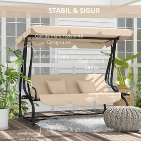 Outsunny Balansoar cu 3 Locuri Convertibil în Pat cu Acoperiș Reglabil și 2 Suporturi pentru Pahare, 200x120×164cm, Maro Deschis | Aosom Romania