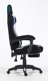 RESIGILAT- ALFORD Scaun gaming cu Masaj in 5 puncte, Perna lombara cu Masaj, Sistem iluminare banda LED RGB, Boxe Bluetooth, suport picioare, textil, Negru