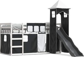 vidaXL Pat supraetajat cu tobogan și perdele, alb și negru, 90x200 cm
