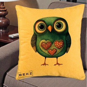 Perna Decorativa Bufnita Teal cu Doua Inimi, 40x40 cm, Galben, Husa Detasabila, Perna Inclusa, BEKZ®