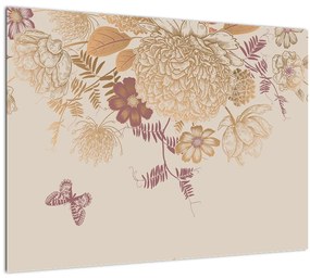 Tablou pe sticlă - Vintage, flori și fluturi (70x50 cm)