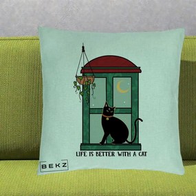 Perna Personalizata Life is Better with a Cat Geam, 40x40 cm, Verde Menta, Husa Detasabila, Perna Inclusa, BEKZ®