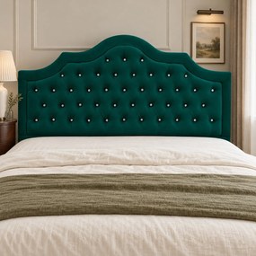 Pat tapițat Chesterfield din catifea Imperio Deluxe 140×200 cm, verde, cu ladă de depozitare