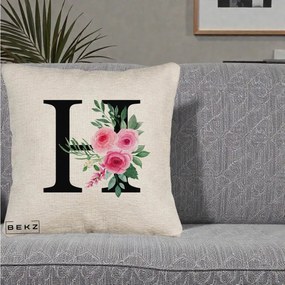 Cadou Personalizat - Perna Personalizata Monograma Florala Litera H cu Trandafiri Roz, 40x40 cm, Bej Canapea, Husa Detasabila, Perna Inclusa, BEKZ®