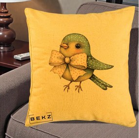 Perna Decorativa Pasare Teal cu Fundita cu Buline, 40x40 cm, Galben, Husa Detasabila, Perna Inclusa, BEKZ®