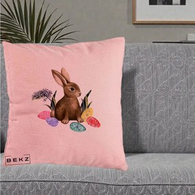 Perna Decorativa Iepuras cu Oua de Pasti Acuarela, 40x40 cm, Roz, Husa Detasabila, Perna Inclusa, BEKZ®