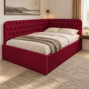 Pat tapițat pentru copii din catifea Elyra 140×200 cm, vișiniu, colț stânga, cu ladă de depozitare