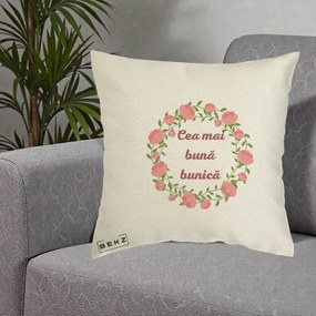 Cadou pentru Bunica - Perna Personalizata Cea Mai Buna Bunica Coronita Trandafiri Roz Clasic, 40x40 cm, Ecru, Husa Detasabila, Perna Inclusa, BEKZ®