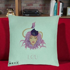 Perna Personalizata Zodie Leu, 40x40 cm, Verde Menta, Husa Detasabila, Perna Inclusa, BEKZ®