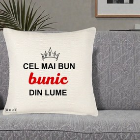 Cadou pentru Bunic - Perna Personalizata Cel Mai Bun Bunic Din Lume Coroana Rosu, 40x40 cm, Crem Reliefat, Husa Detasabila, Perna Inclusa, BEKZ®