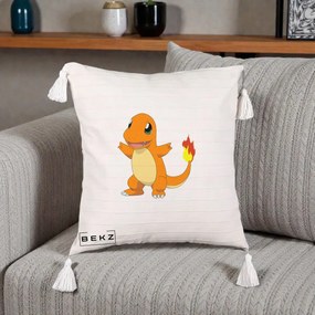 Perna Personalizata Charmander Pokemon, 40x40 cm, Bej cu Franjuri, Husa Detasabila, Perna Inclusa, BEKZ®