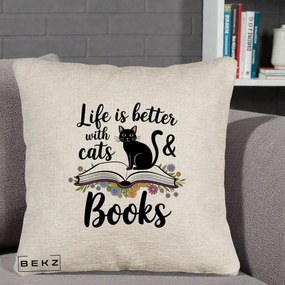 Perna Personalizata Life is Better Cats and Books, 40x40 cm, Bej Canapea, Husa Detasabila, Perna Inclusa, BEKZ®