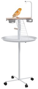 PawHut Manoniera pentru păsări pe suport cu 4 role perche 2 bols detasabile tava rotundă din oțel inoxidabil Ø 60 x 138A cm alb | Aosom Romania