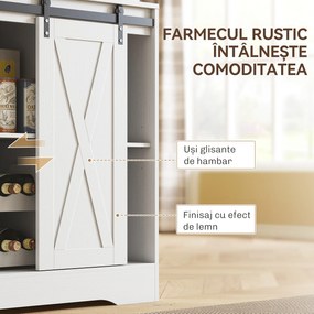 HOMCOM Servantă de Bucătărie Rustică 180 cm, Dulap cu Priză de Alimentare, Lumini LED, Suport pentru Sticle, Suprafață pentru Cuptor cu Microunde, Rafturi Deschise, Uși Glisante, Orificiu pentru Cabluri, Alb | Aosom Romania