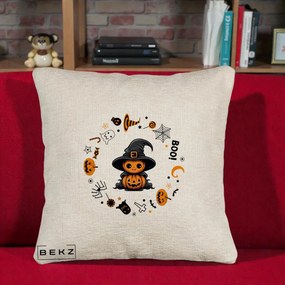Perna Decorativa Halloween Dovleac Vrajitor Boo cu Simboluri, 40x40 cm, Bej Canapea, Husa Detasabila, Perna Inclusa, BEKZ®