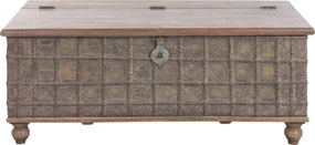 Cufăr vintage din lemn reciclat și metal, natur, cu feronerie în relief și picioare rotunde, finisaj patinat, 52 x 127 x 66 cm, „Lamanon”